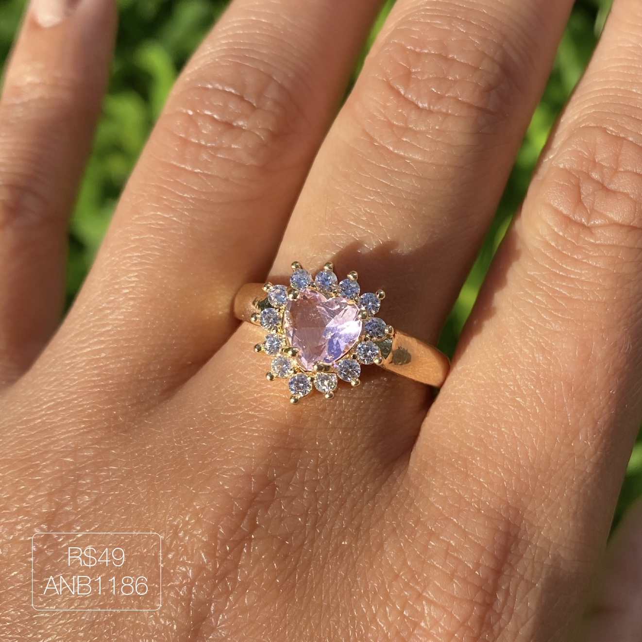 Anel De Coração Rosa Cravejado Cristal Dourado